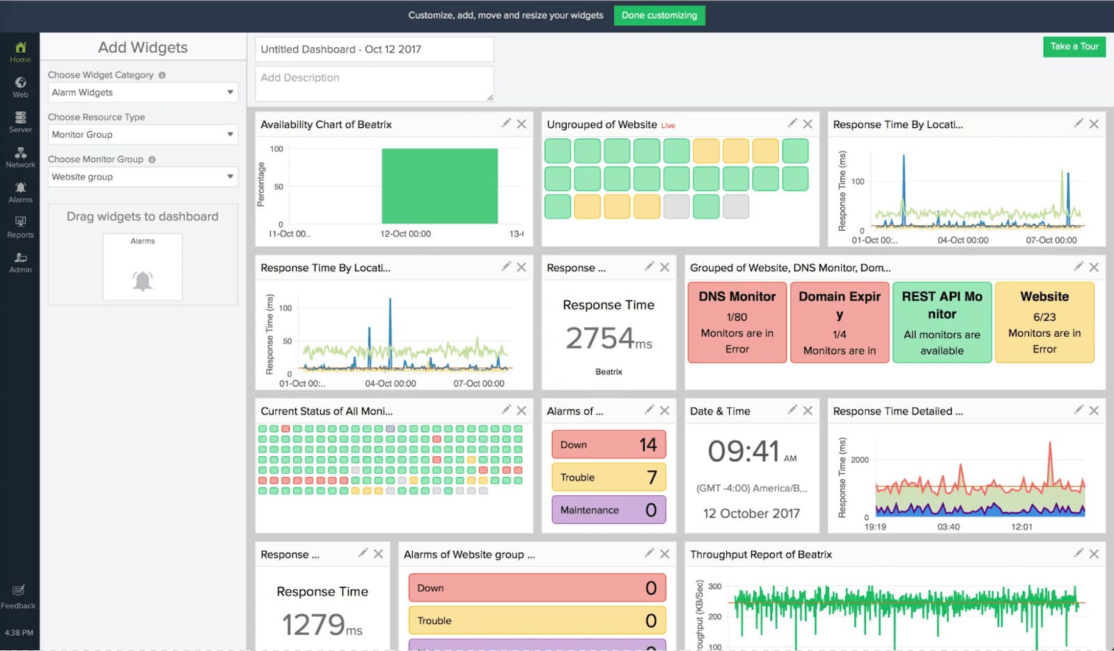 Site24x7 dashboard showing grouped monitors, uptime/response time graphs, and alert heatmaps.