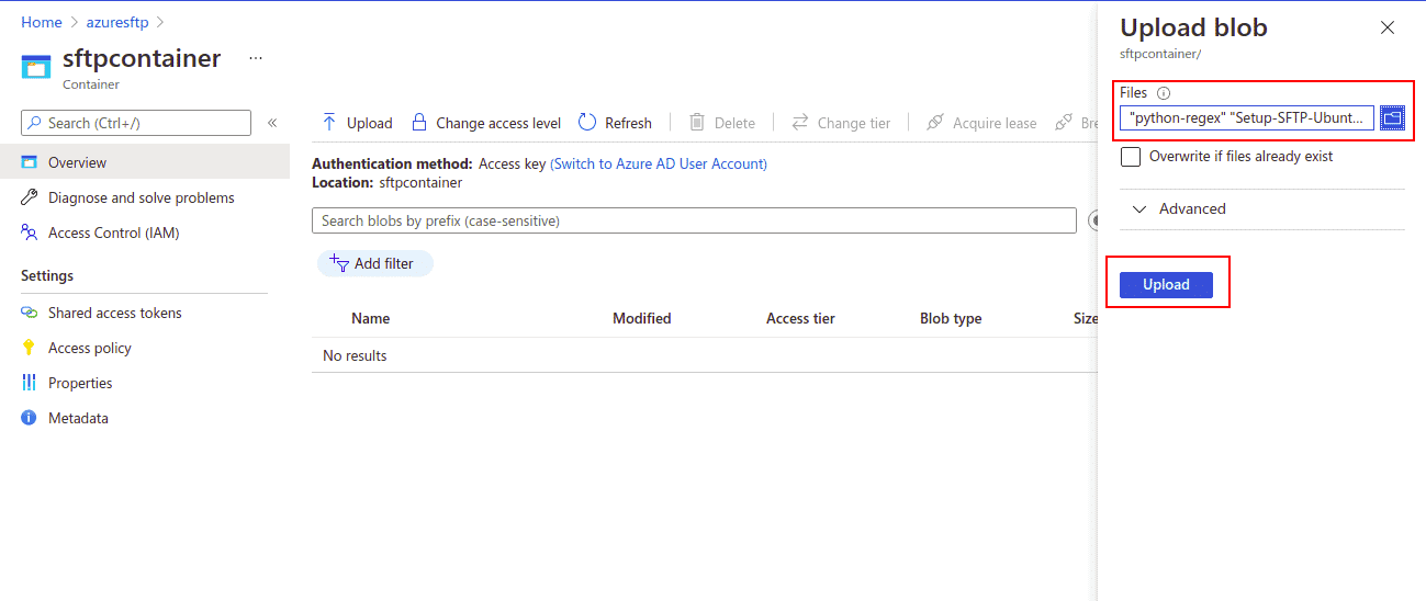 upload files on azure container