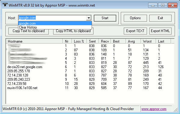 WinMTR Main Window