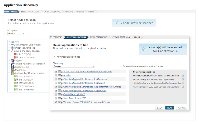 SolarWinds SAM Application Discovery screen